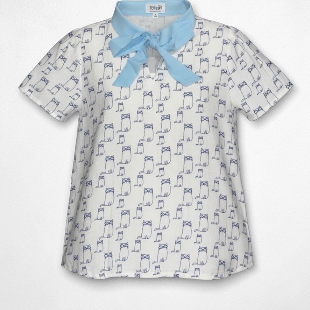 Cat Print Blouse Womens Medium Blue Bow‎ Collar Novelty Kitten Top Cute NWR